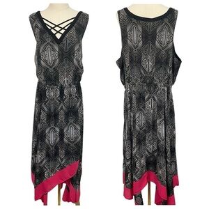 Penningtons Asymmetrical Maxi Dress Sz 2X Black Pink Sleeveless Vacation EUC